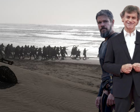 Alberto Angela insieme a Christopher Nolan e Matt Damon durante l'intervista per la prima puntata di Noos