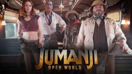 Dwayne Johnson e il cast, in un'immagine promozionale del nuovo film Jumanji