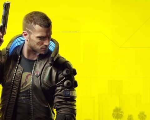 V, protagonista di Cyberpunk 2077, impugna una pistola davanti a uno sfondo giallo nell'immagine promozionale del videogioco.