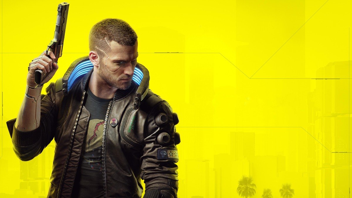 V, protagonista di Cyberpunk 2077, impugna una pistola davanti a uno sfondo giallo nell'immagine promozionale del videogioco.