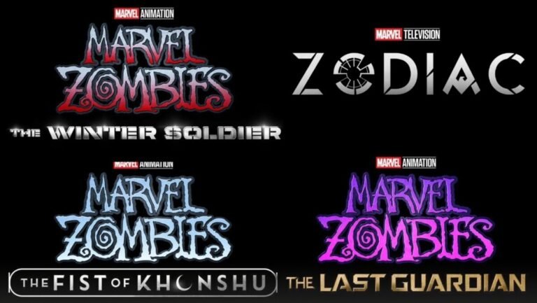 Logo della nuova serie Marvel Zodiac accanto a Marvel Zombies, che tornerà su Disney+ con tre speciali tra il 2027 e il 2029