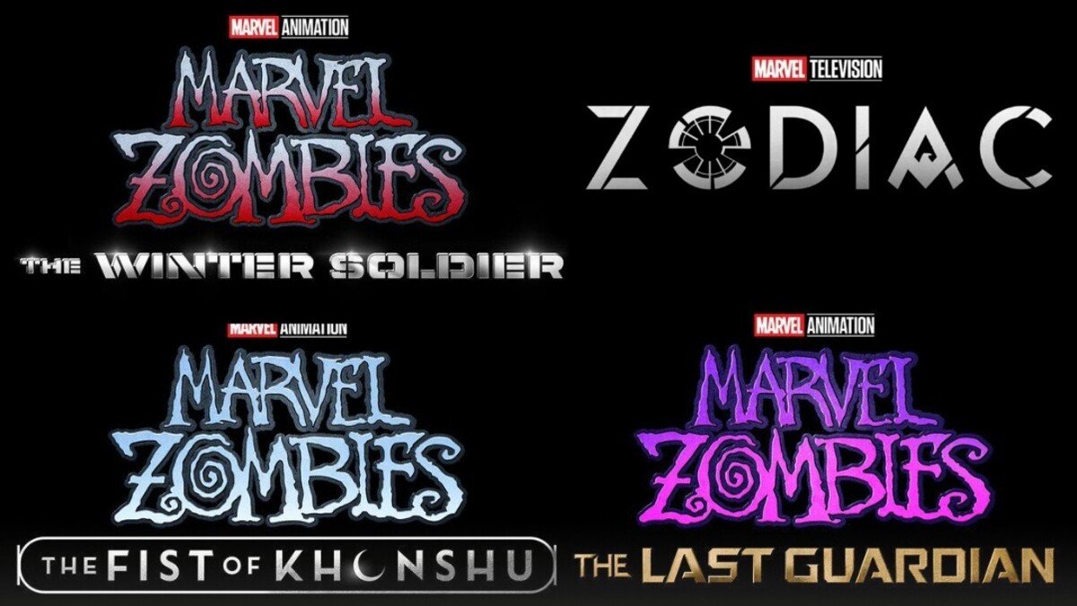 Logo della nuova serie Marvel Zodiac accanto a Marvel Zombies, che tornerà su Disney+ con tre speciali tra il 2027 e il 2029