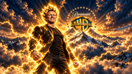 Illustrazione della fusione tra Paramount e Warner Bros. con i loghi dei due studios davanti a una montagna illuminata