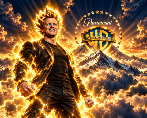 Illustrazione della fusione tra Paramount e Warner Bros. con i loghi dei due studios davanti a una montagna illuminata