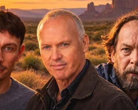 Montaggio illustrativo con Richard Gadd, Michael Keaton e Bill Camp per Rode to Ruin, nuovo thriller western diretto da Keaton.