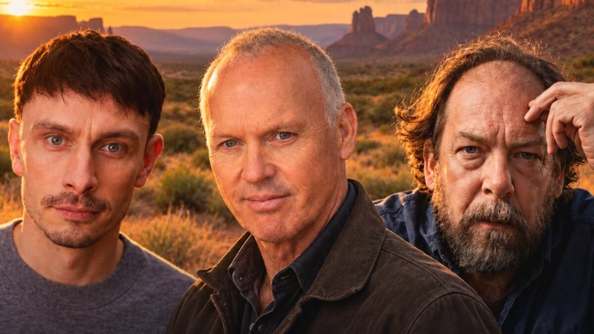Montaggio illustrativo con Richard Gadd, Michael Keaton e Bill Camp per Rode to Ruin, nuovo thriller western diretto da Keaton.