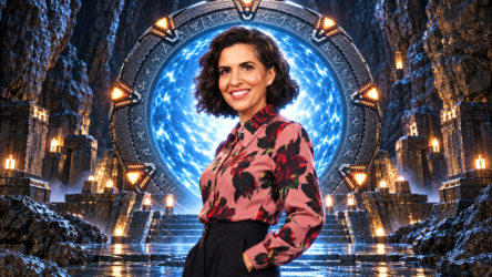Jac Schaeffer, creatrice di WandaVision, davanti a un portale Stargate in un'immagine illustrativa della nuova serie Amazon.