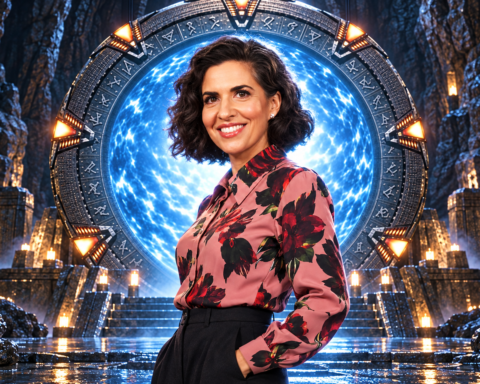 Jac Schaeffer, creatrice di WandaVision, davanti a un portale Stargate in un'immagine illustrativa della nuova serie Amazon.