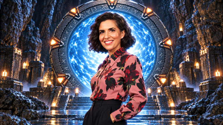 Jac Schaeffer, creatrice di WandaVision, davanti a un portale Stargate in un'immagine illustrativa della nuova serie Amazon.